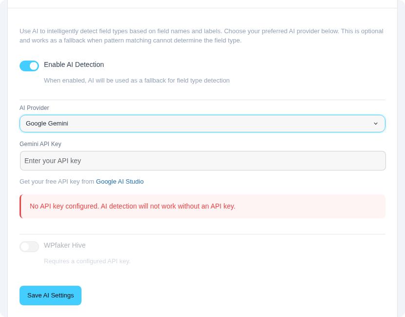 Faker Studio Hive toggle in AI detection settings