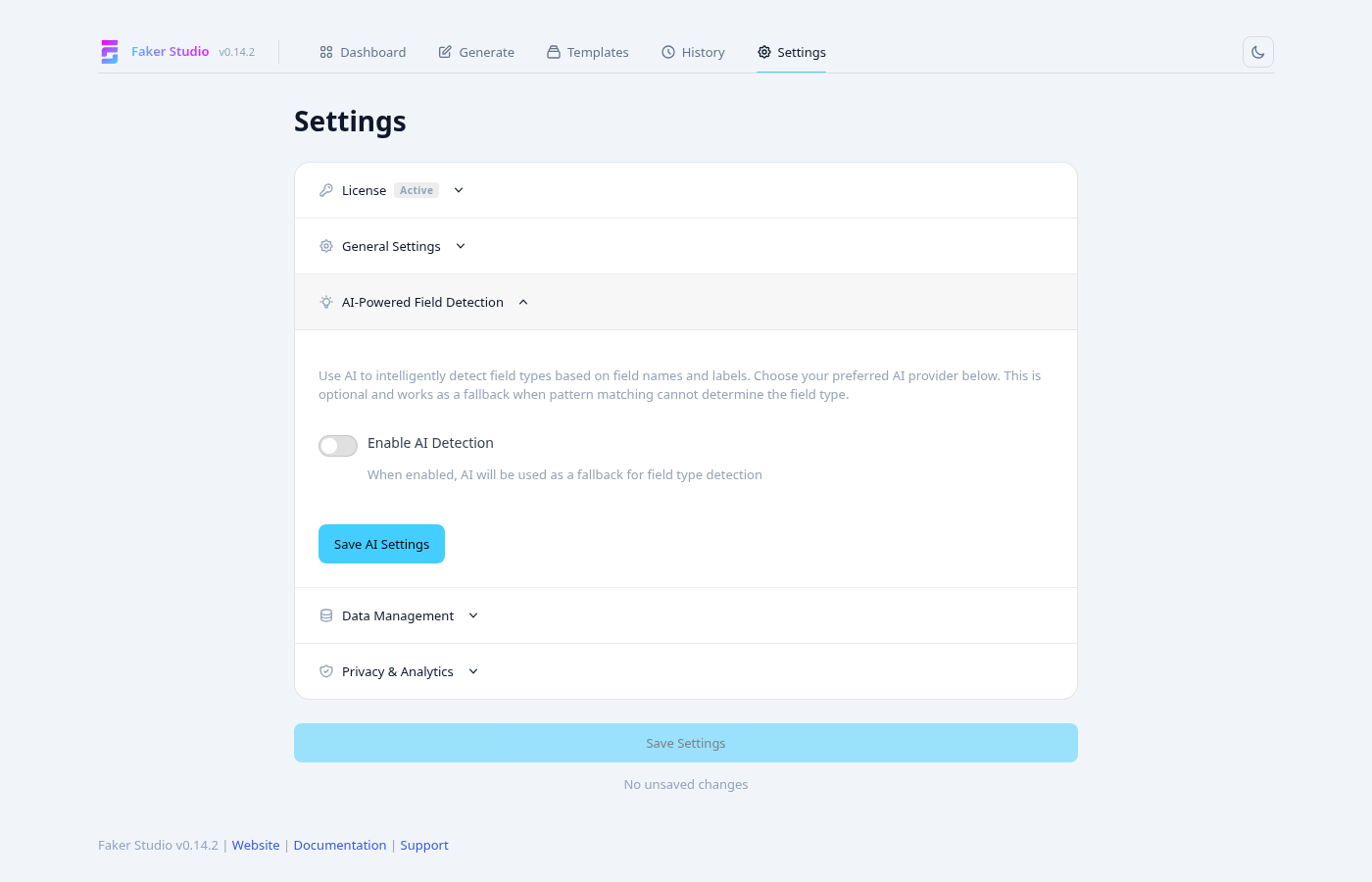 AI detection settings with provider and API key configuration