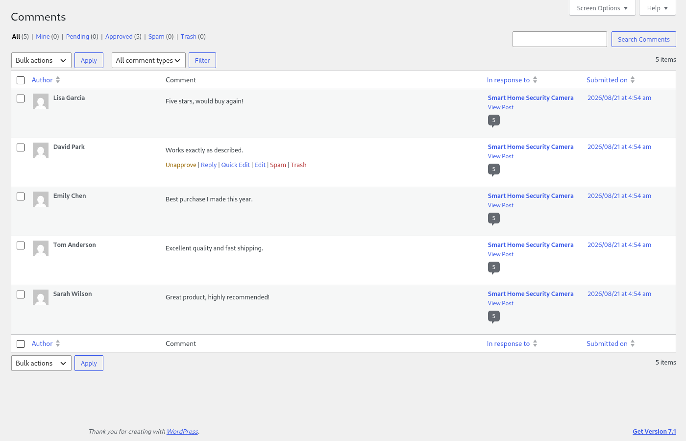 Generated comments in WordPress