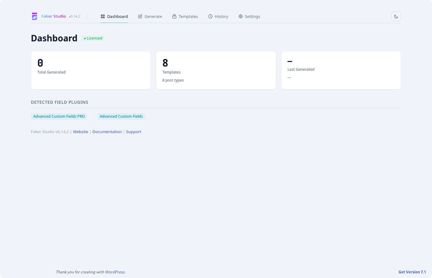 Faker Studio dashboard overview
