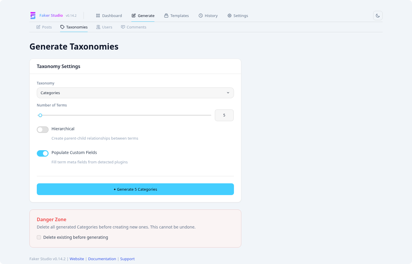 Taxonomy generation page