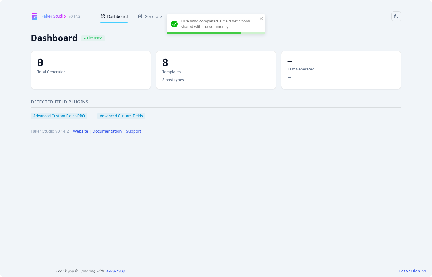 Faker Studio dashboard overview