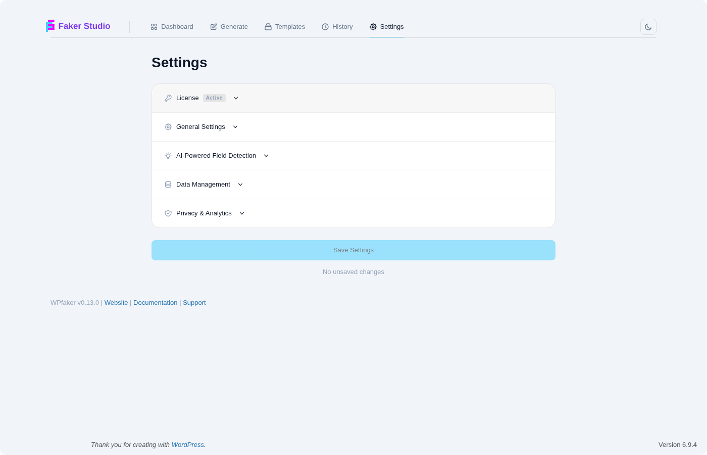 License settings in accordion view