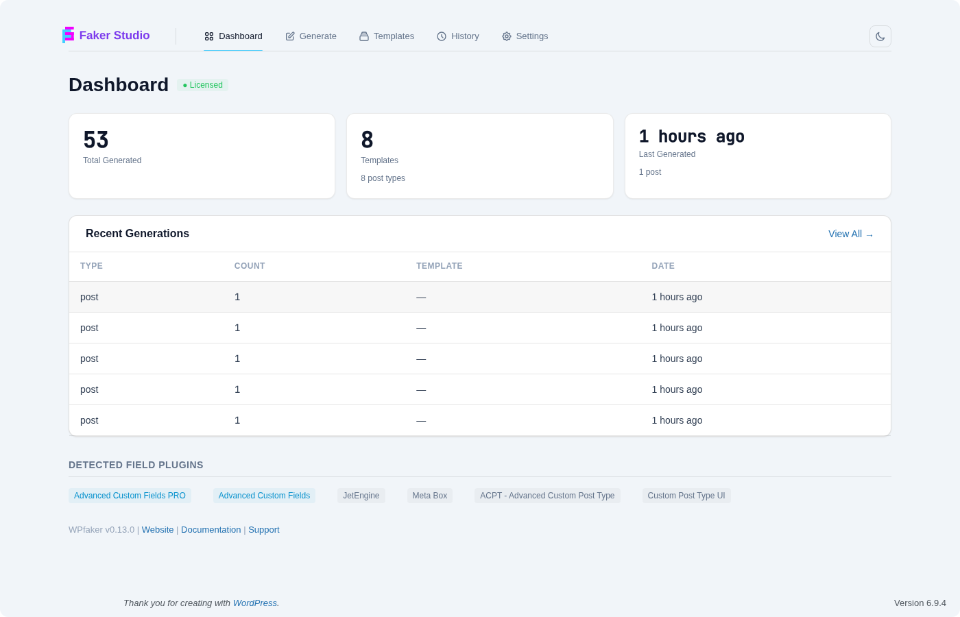 Faker Studio dashboard with stats