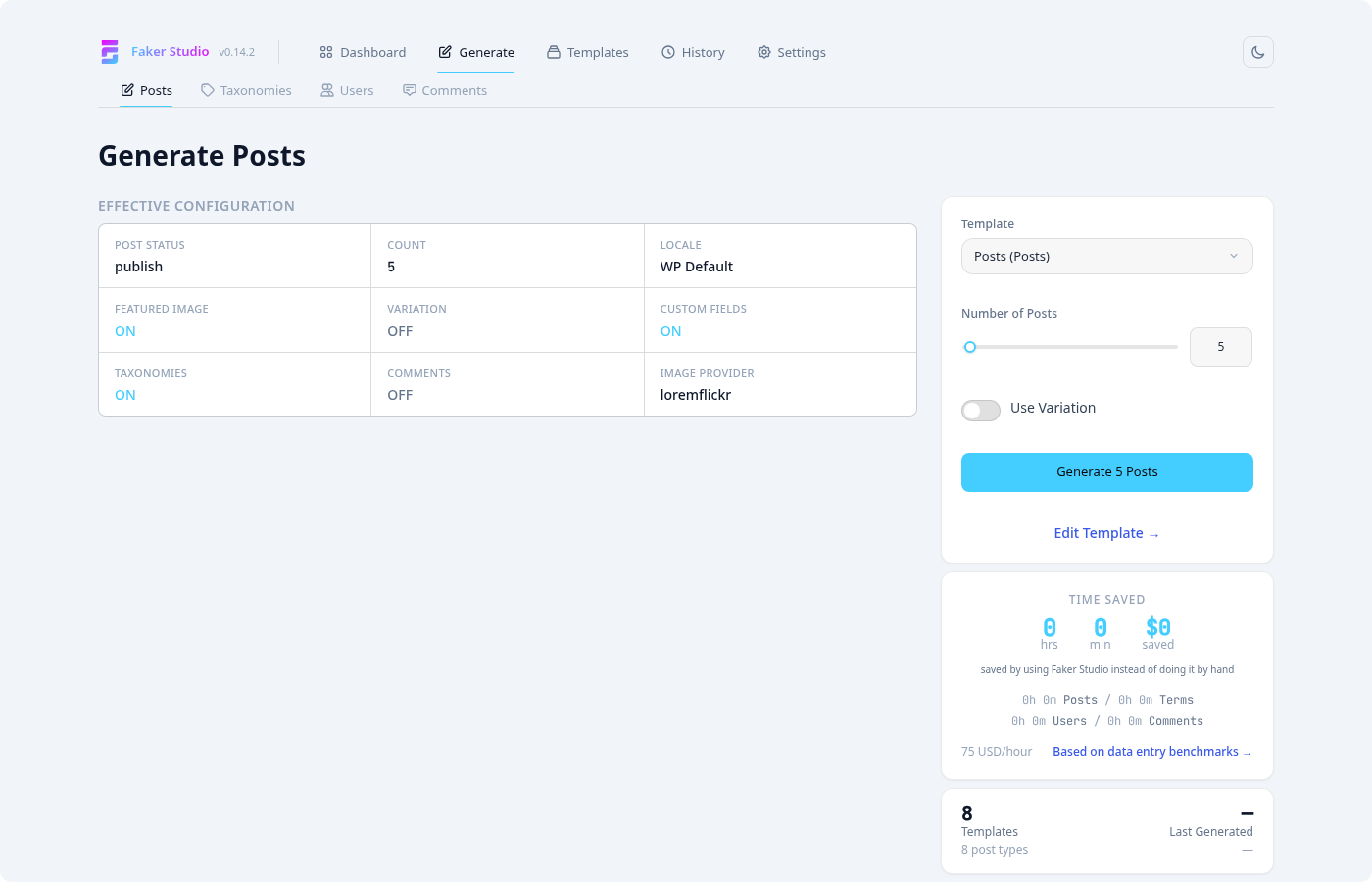 Generate page with template selected
