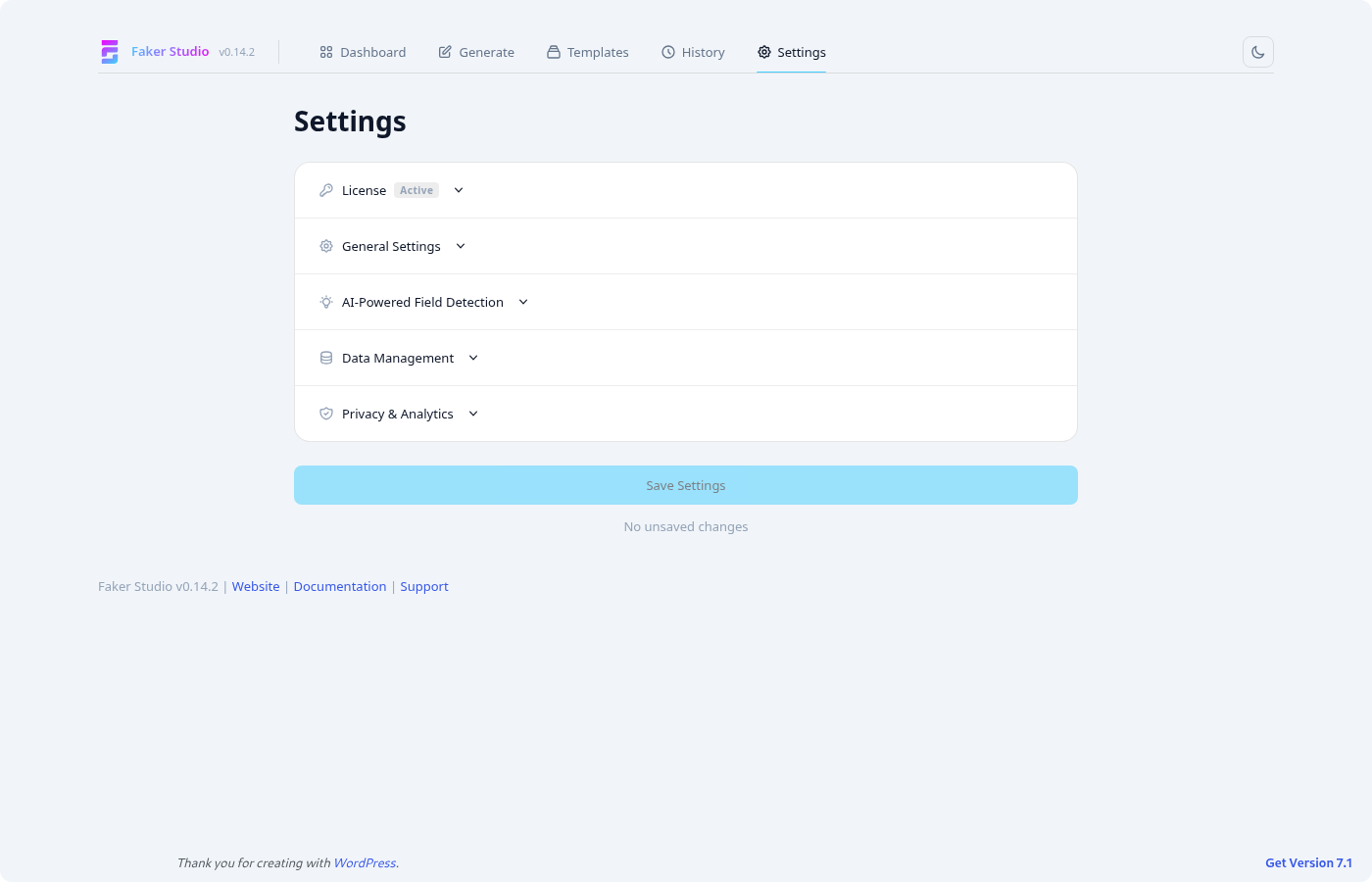 Settings page overview